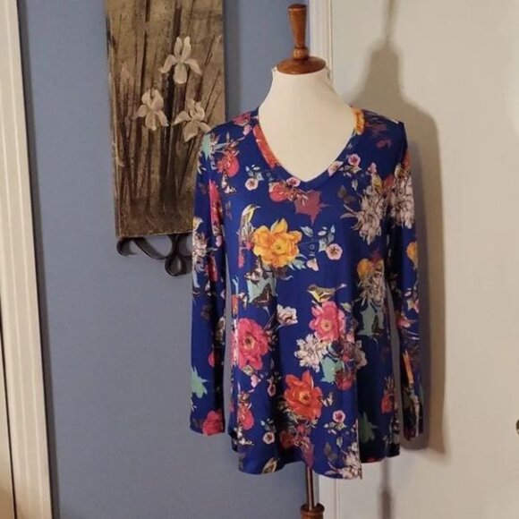 Blue Floral Birds Long 🐦 Sleeve Sweater Knit PM Medium - Picture 1 of 4